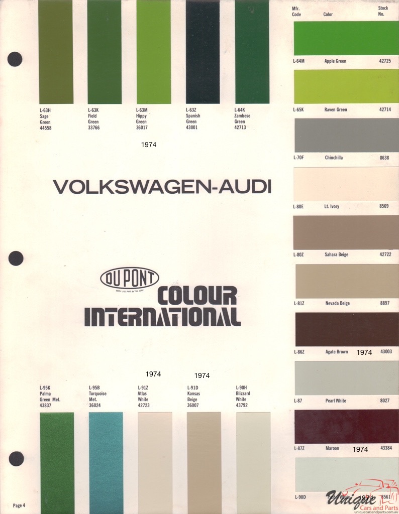 1974 Audi International Paint Charts DuPont 4